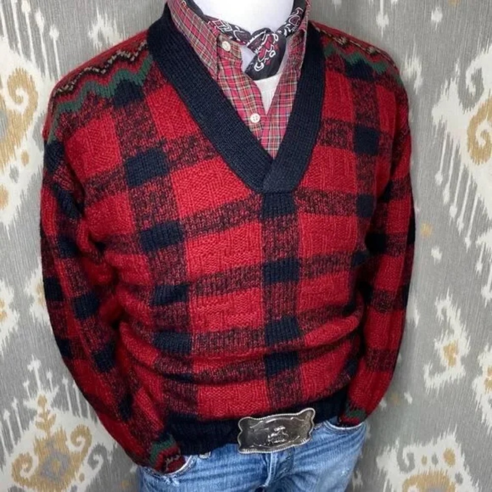 Polo by Ralph Lauren | Hand-Knit Plaid V-Neck Sweater – Men’s XL